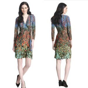 BCBGMAXAZRIA WOMEN’S ADELE WRAP DRESS LIGHT LARKSPUR BLUE COMBO